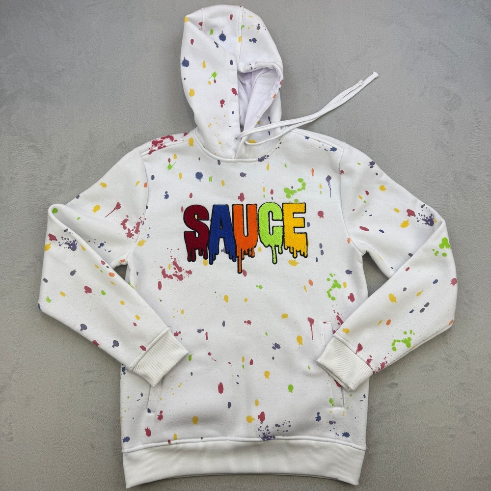 Rebel Minds Hoodie Mens Medium White Sauce‎ Drip Chenille Paint Splatter